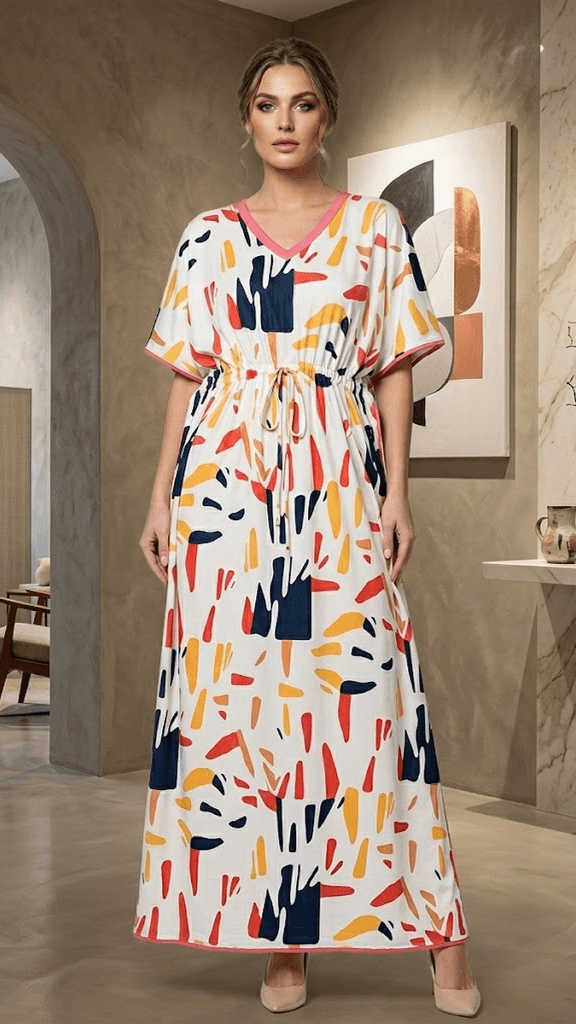 ZOVIX Women's Abstract Print V-Neck Satin Kaftan Maxi Dress with Adjustable Drawstring Waist - Multicolor Lounge & Resort Wear - 0
