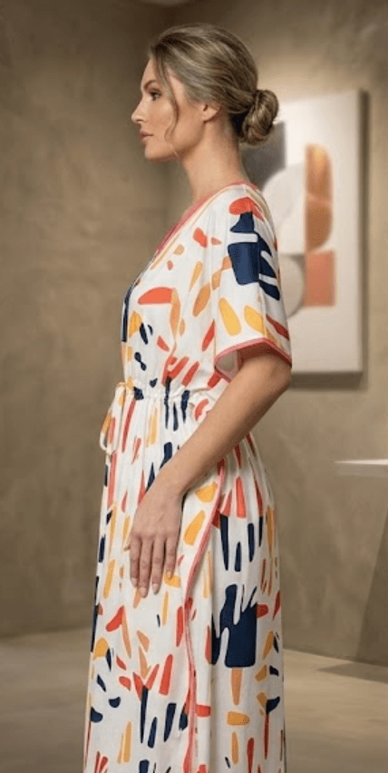 ZOVIX Women's Abstract Print V-Neck Satin Kaftan Maxi Dress with Adjustable Drawstring Waist - Multicolor Lounge & Resort Wear - 3