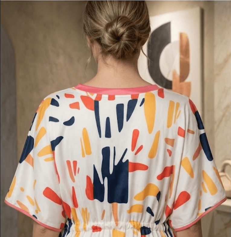 ZOVIX Women's Abstract Print V-Neck Satin Kaftan Maxi Dress with Adjustable Drawstring Waist - Multicolor Lounge & Resort Wear - 2