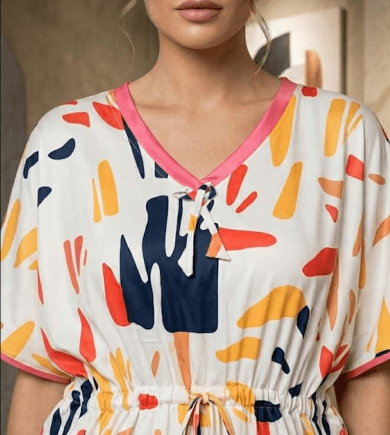 ZOVIX Women's Abstract Print V-Neck Satin Kaftan Maxi Dress with Adjustable Drawstring Waist - Multicolor Lounge & Resort Wear - 1