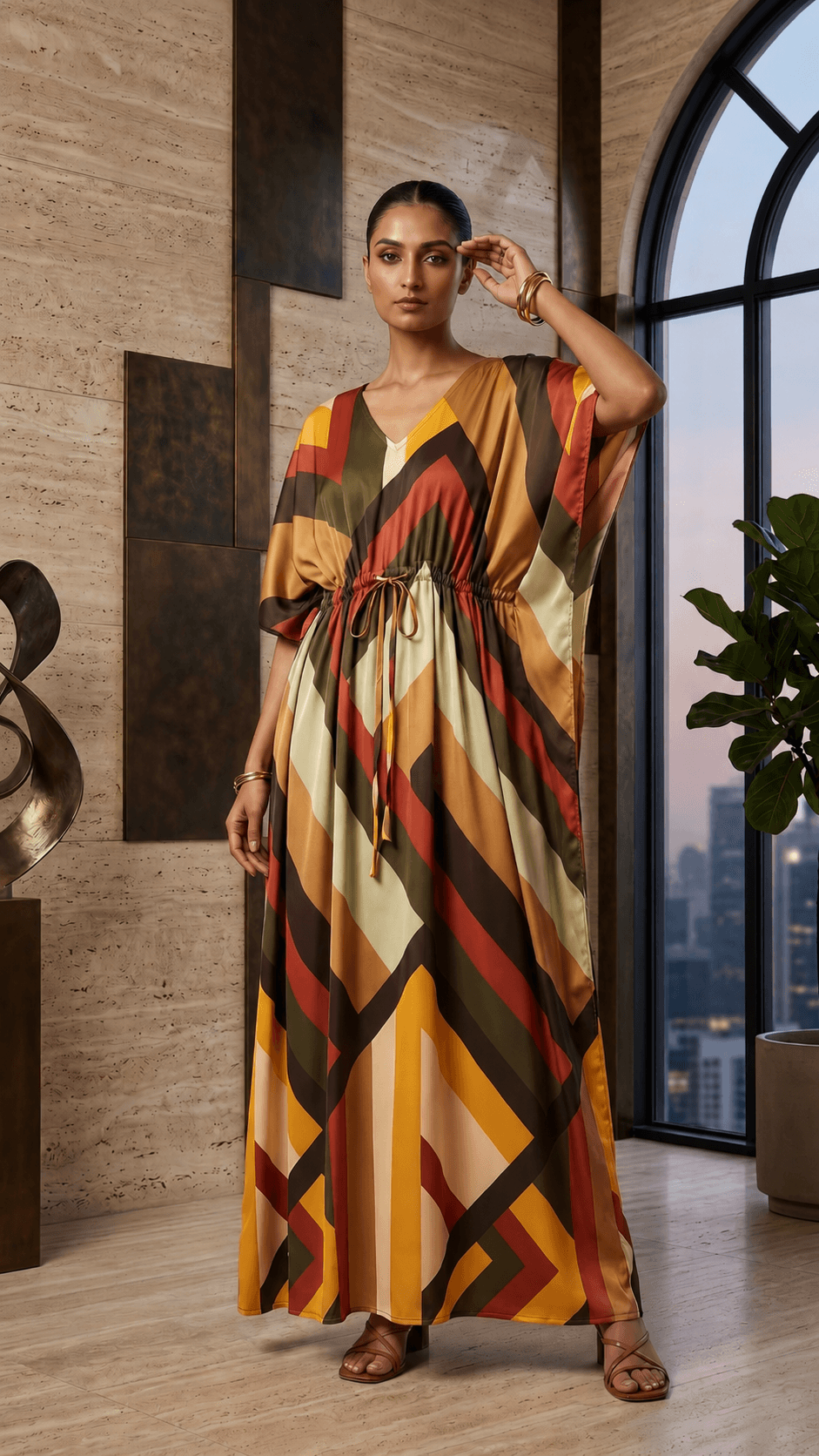 ZOVIX Luxe Satin Geometric Kaftan – Modern Statement Comfort Wear - 0