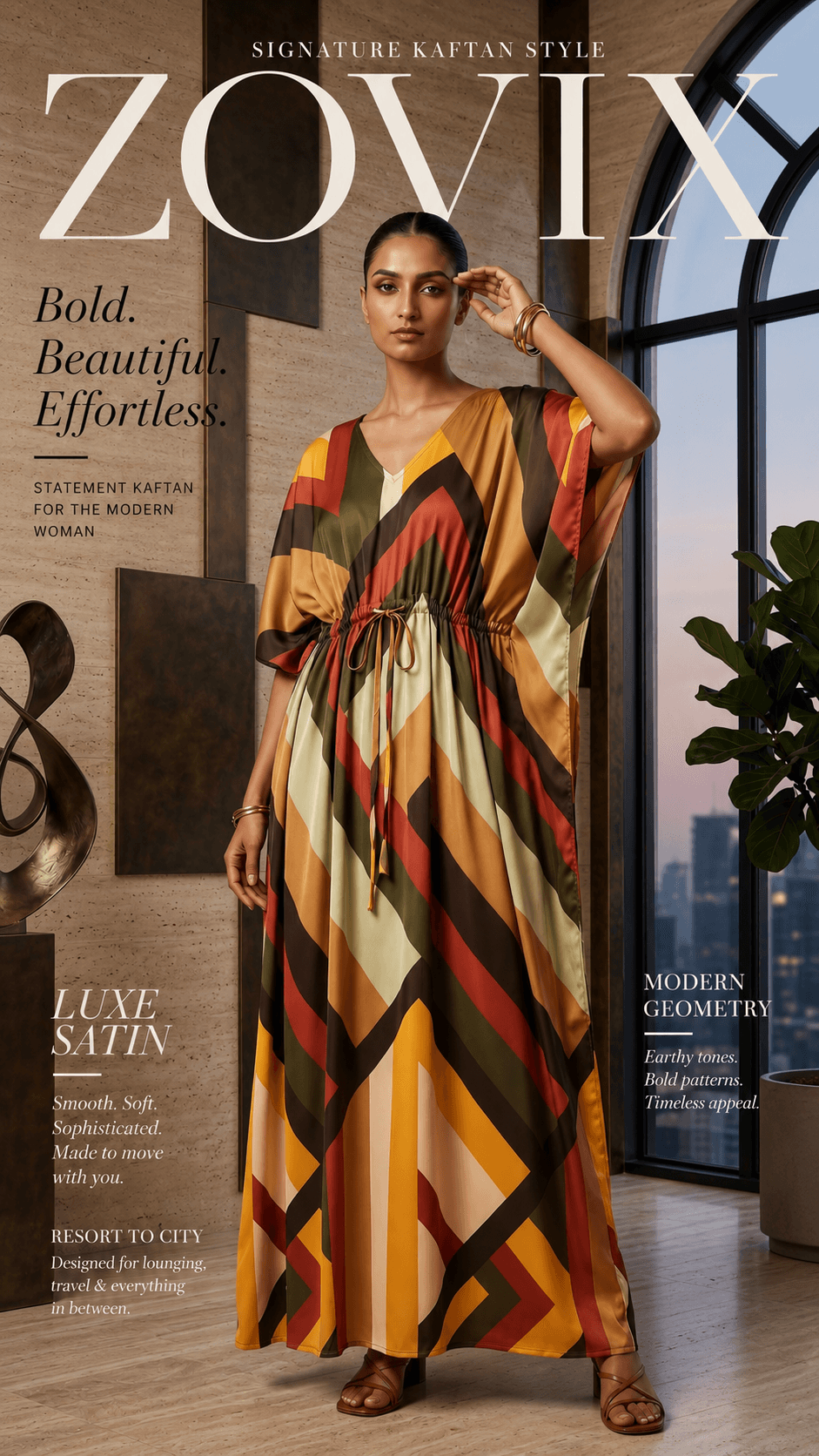 ZOVIX Luxe Satin Geometric Kaftan – Modern Statement Comfort Wear - 1