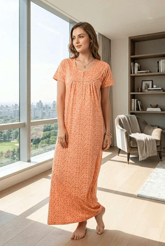 ZOVIX Peach Floral Sinker Cotton Nighty for Women – Full Length Soft Breathable Night Dress - 2