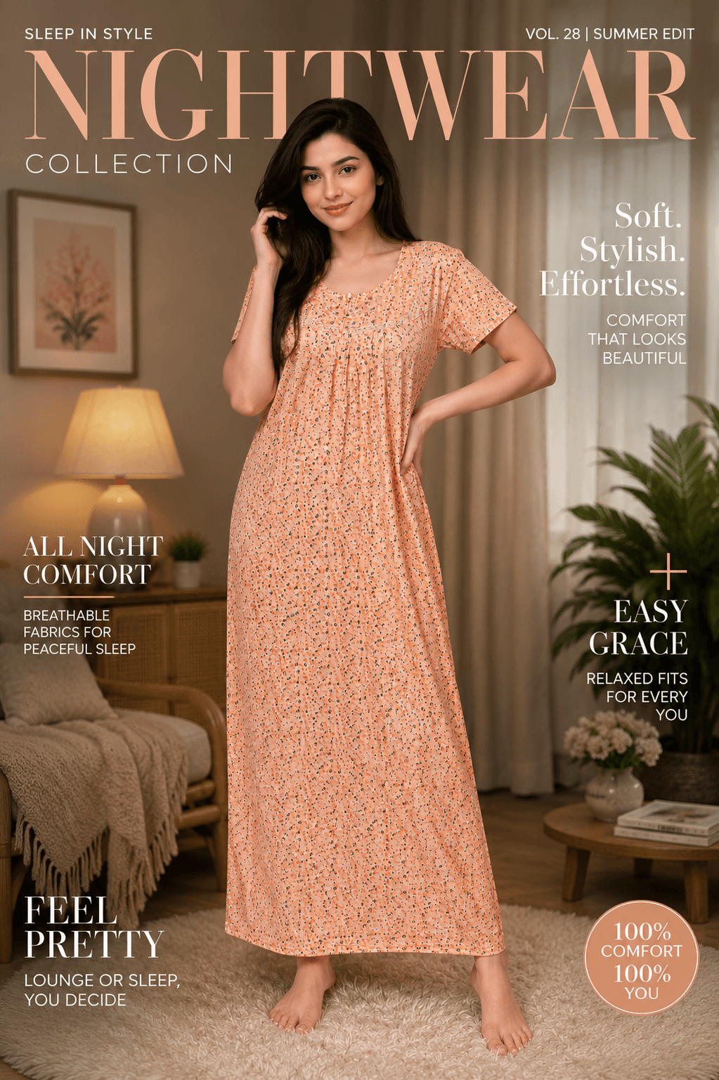 ZOVIX Peach Floral Sinker Cotton Nighty for Women – Full Length Soft Breathable Night Dress - 1