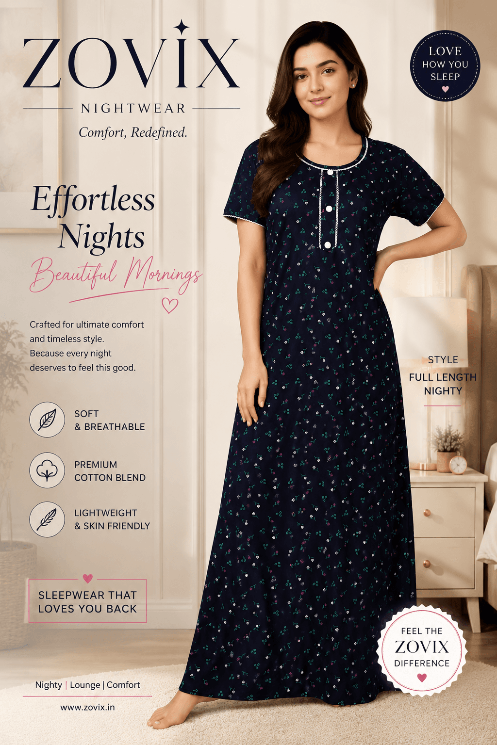 ZOVIX Women’s Full Length Nighty | Soft Breathable Printed Nightwear | Half Sleeve Comfortable Lounge Dress - 1