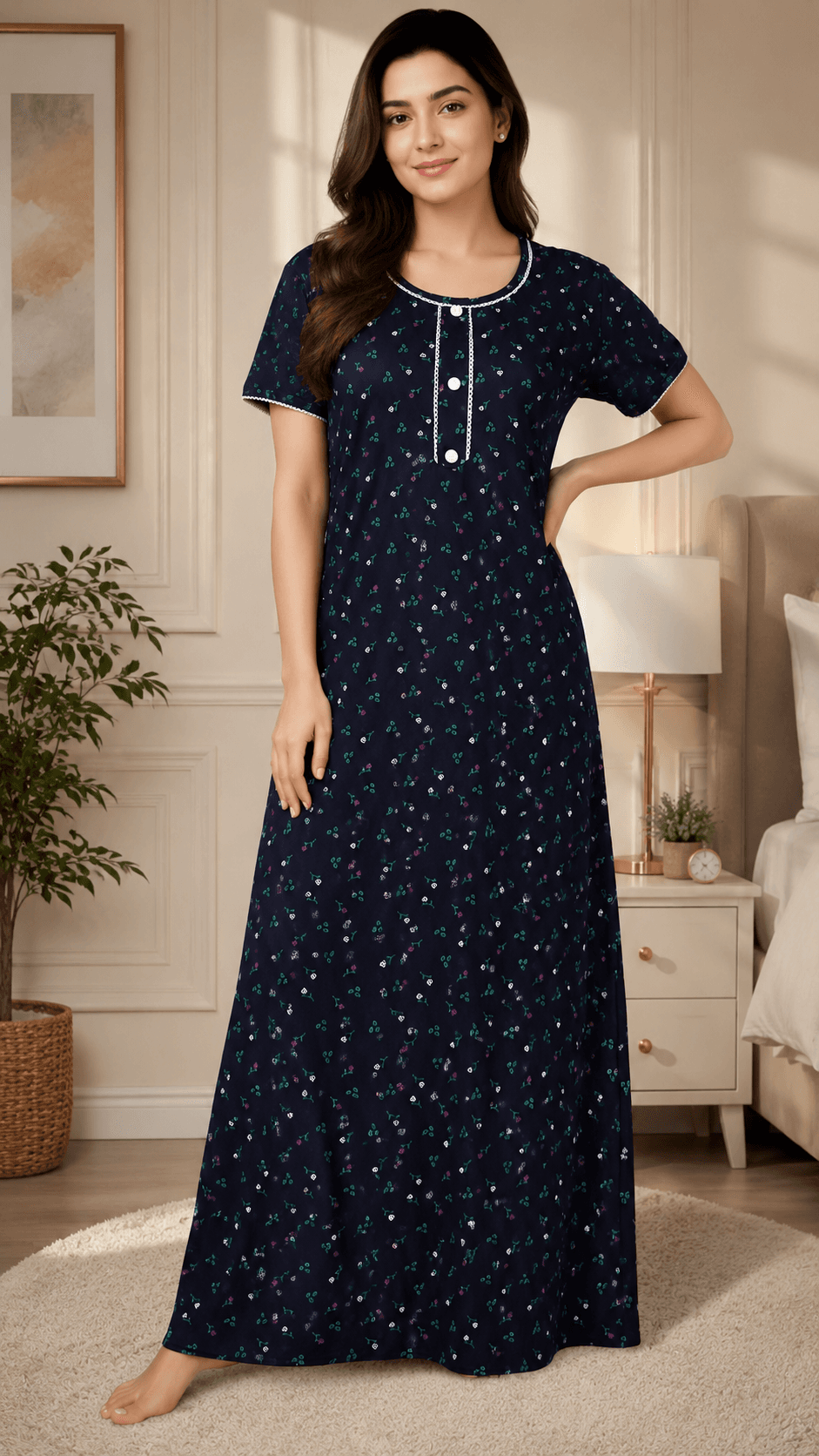 ZOVIX Women’s Full Length Nighty | Soft Breathable Printed Nightwear | Half Sleeve Comfortable Lounge Dress - 0