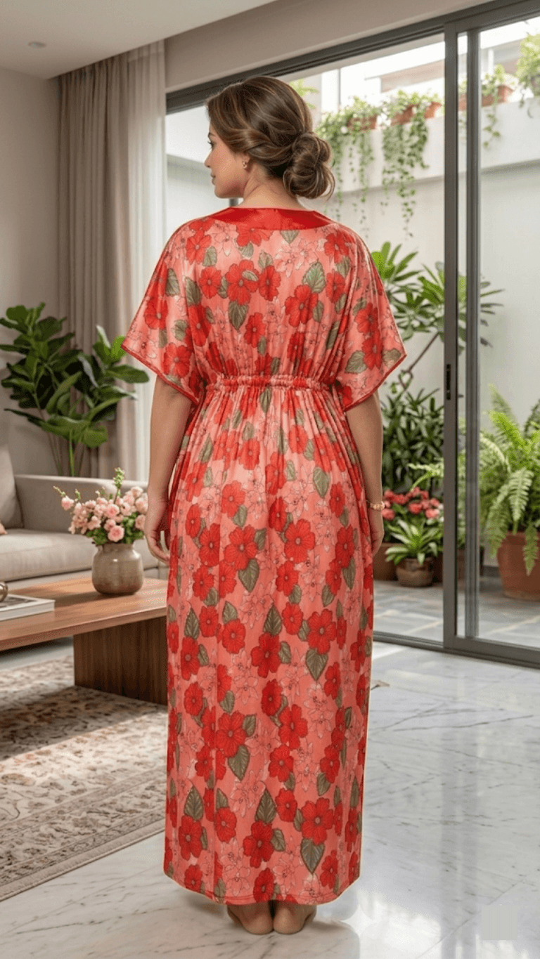 ZOVIX Women's Abstract Print V-Neck Satin Kaftan Maxi Dress with Adjustable Drawstring Waist - Multicolor Lounge & Resort Wear - 1