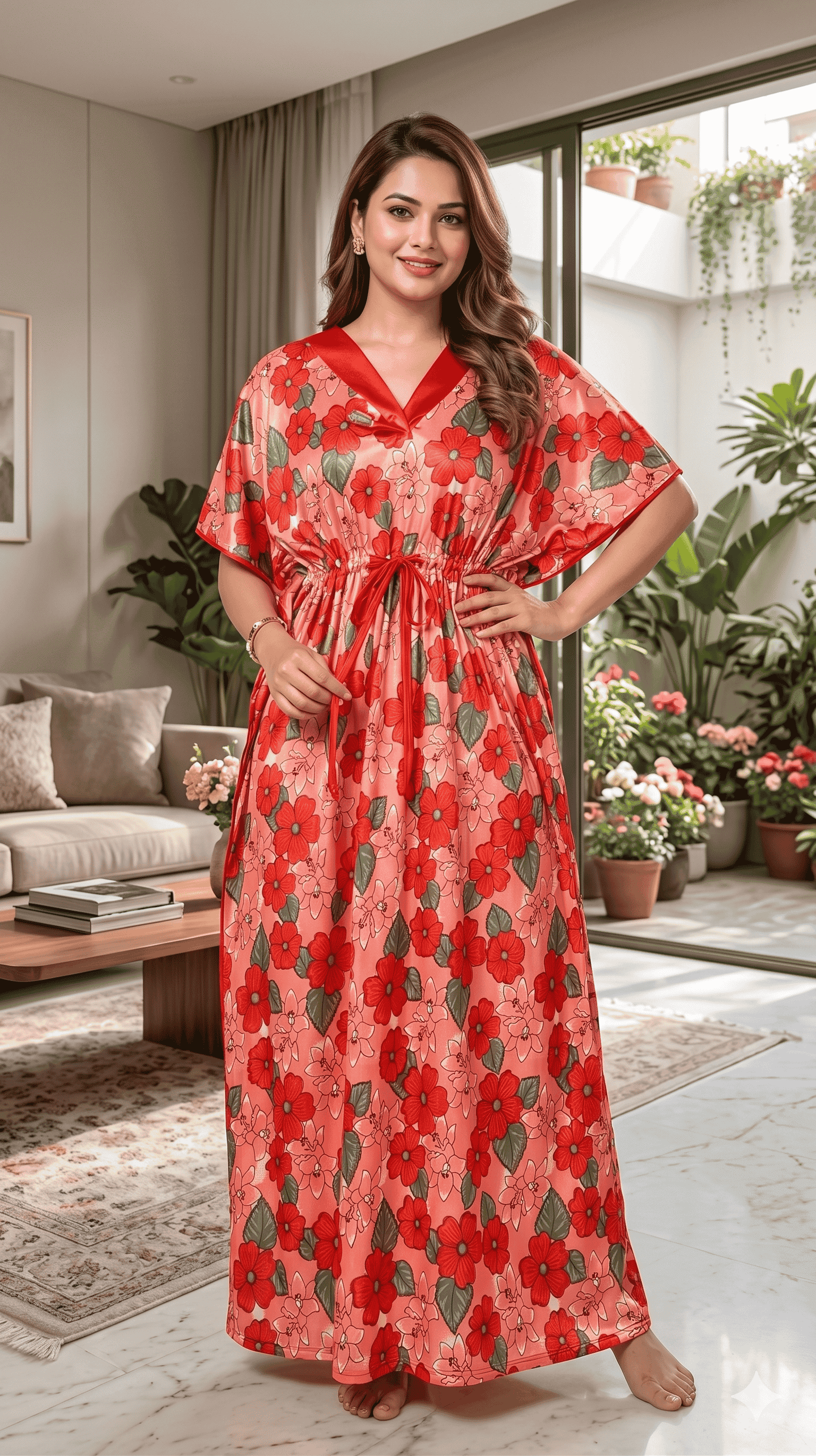ZOVIX Women's Abstract Print V-Neck Satin Kaftan Maxi Dress with Adjustable Drawstring Waist - Multicolor Lounge & Resort Wear - 0