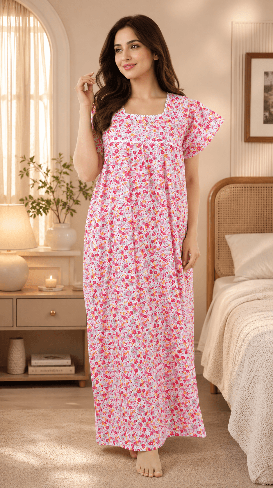 ZOVIX Floral Printed Cotton Maxi Nighty for Women | Soft Breathable Sleepwear | Full Length Comfortable Night Dress - 0