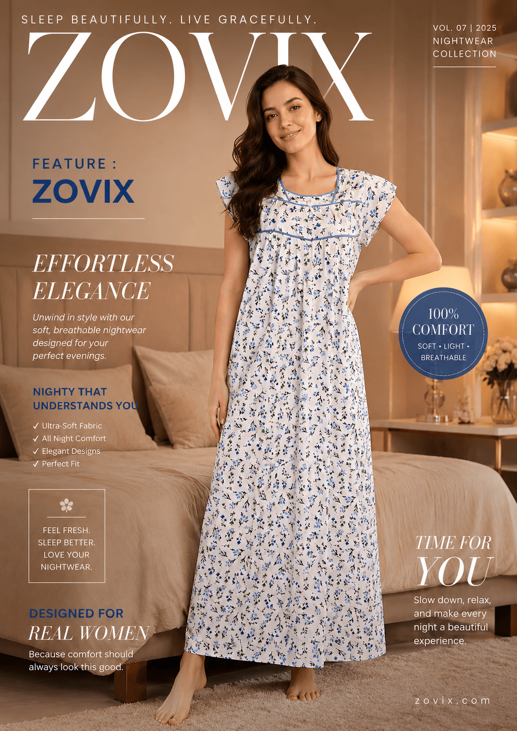ZOVIX Women’s Floral Cotton Nighty – Full Length Soft & Breathable Sleepwear - 2