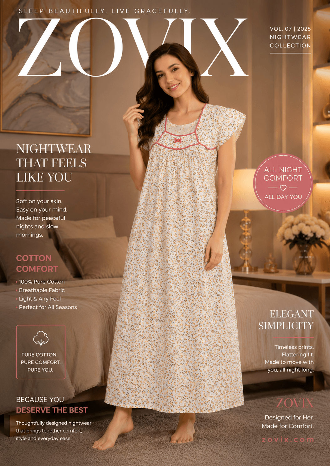 ZOVIX Women’s Printed Cotton Nighty – Full Length Soft Breathable Sleepwear with Contrast Neck Detail - 2