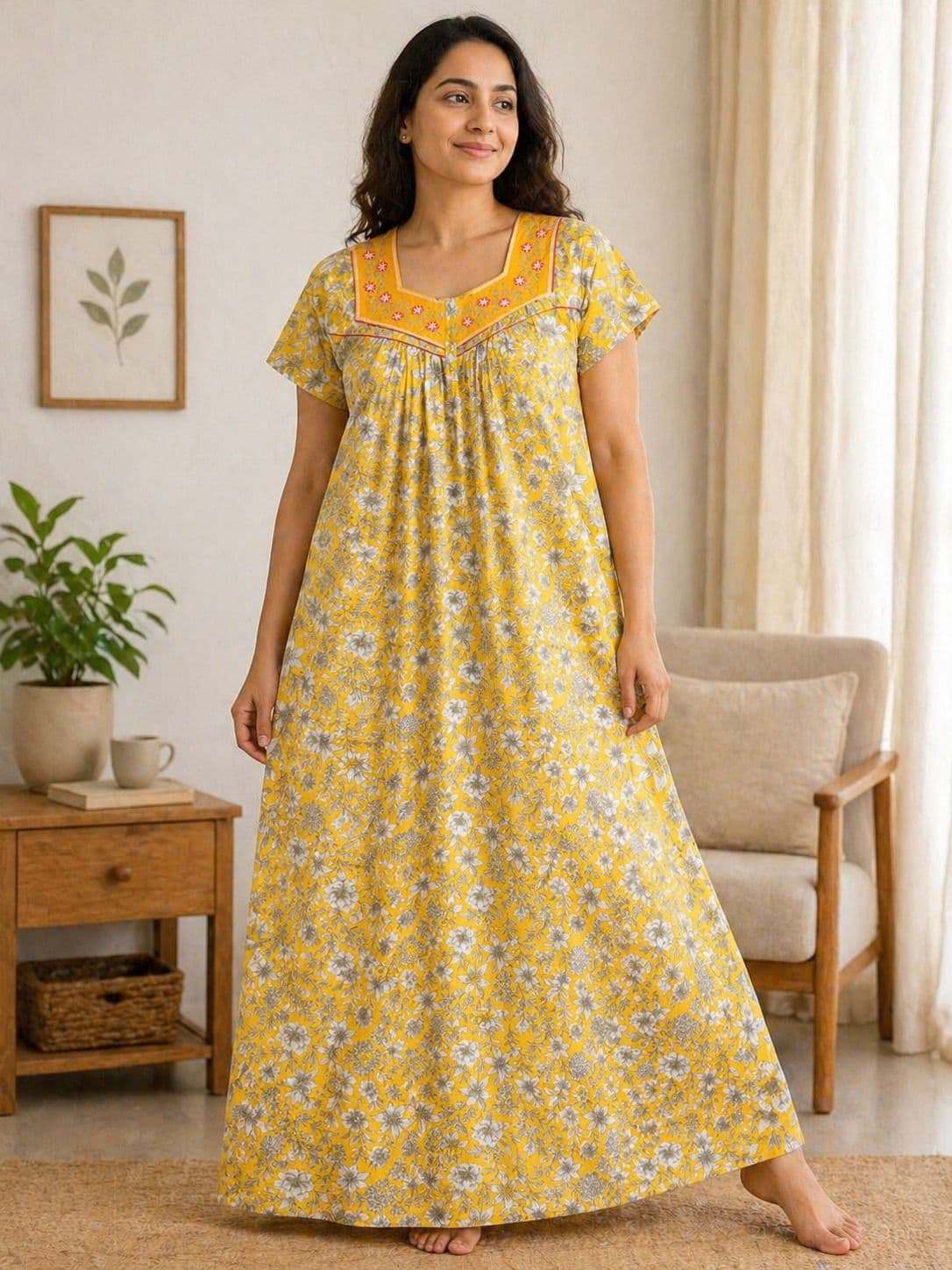 Zovix Floral Print Lizzy Bizzy Nightgown for Women | Short Sleeve Daily Wear Nighty - 1