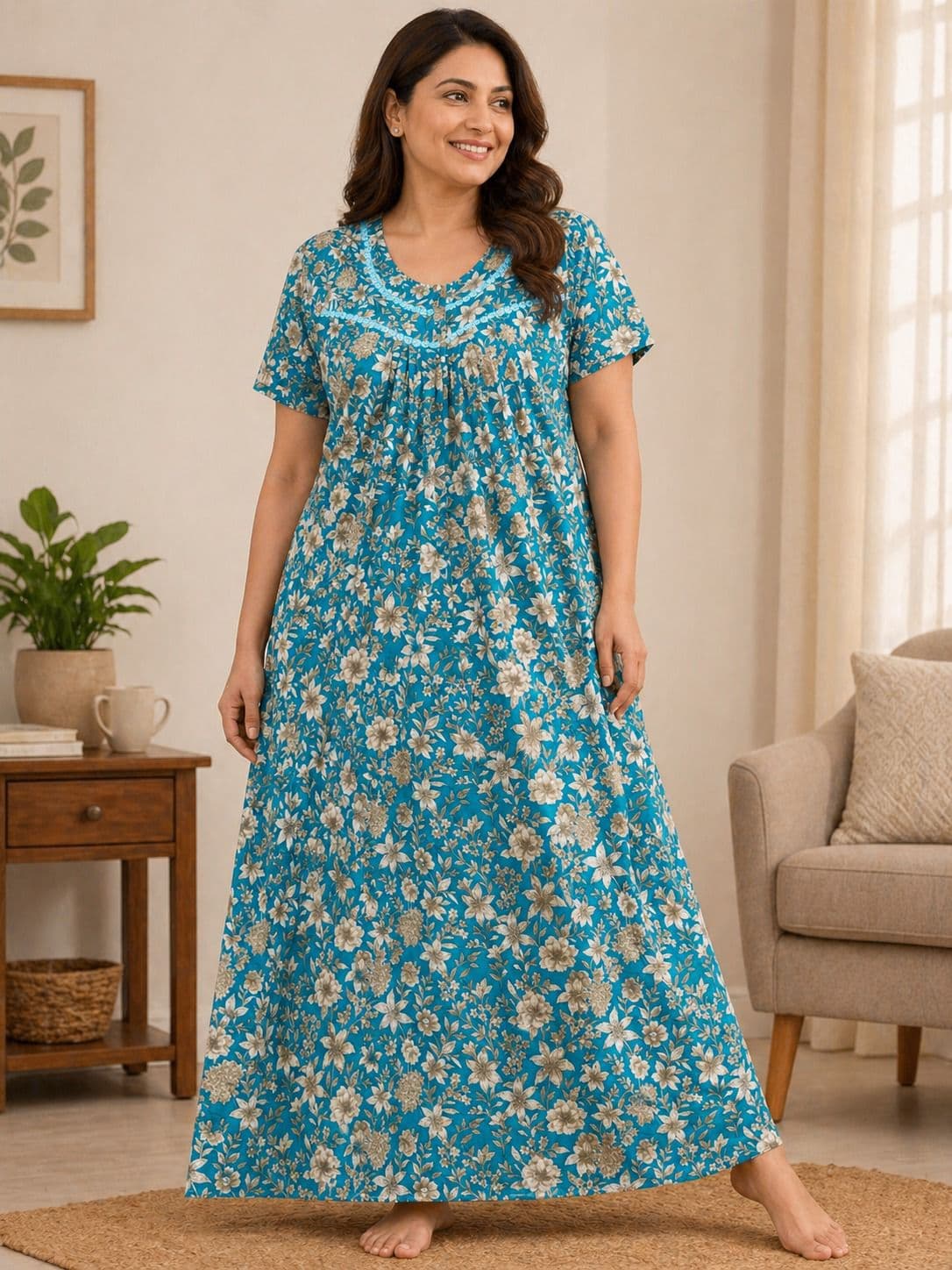Zovix Floral Print Lizzy Bizzy Nightgown for Women | Short Sleeve Daily Wear Nighty - 1