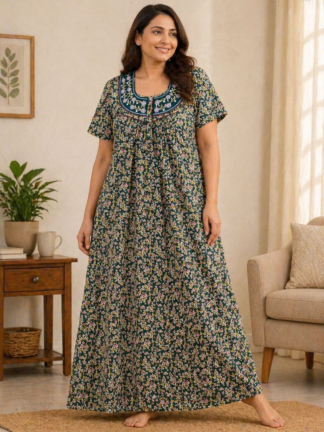 Zovix Floral Print Lizzy Bizzy Nightgown for Women | Short Sleeve Daily Wear Nighty - 1