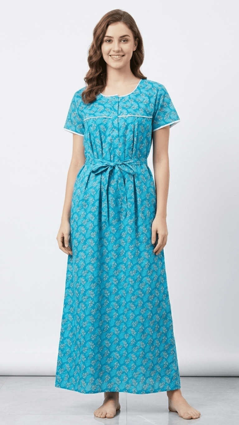 ZOVIX Women’s Cotton Printed Nighty with Waist Tie-Up | Full Length Comfortable Sleepwear | Short Sleeve Lounge Dress (Blue) Preview 2