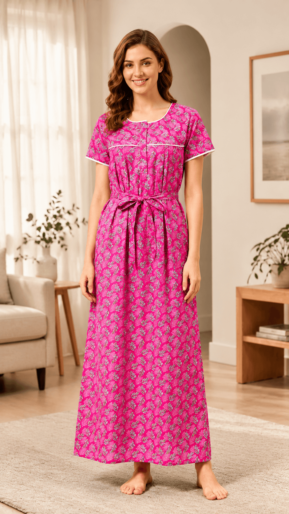 ZOVIX Women’s Cotton Printed Nighty with Waist Tie-Up | Full Length Comfortable Sleepwear | Short Sleeve Lounge Dress (Pink) Preview 2